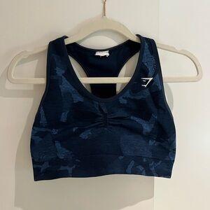 Gymshark Racerback Sports Bra with Navy Camouflage Pattern